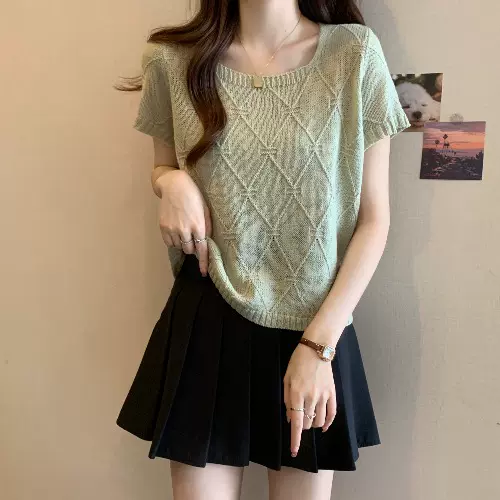 Plus Size Japanese Hex Sweet Short Sleeve Knit Sweater Blouse