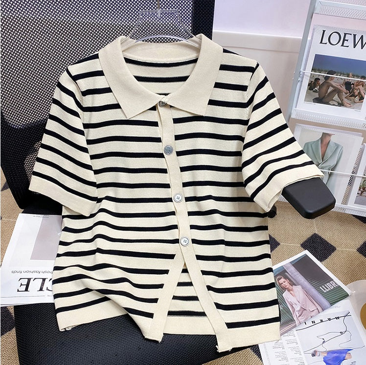 Plus Size Bias Knit Stripe Polo Shirt Blouse