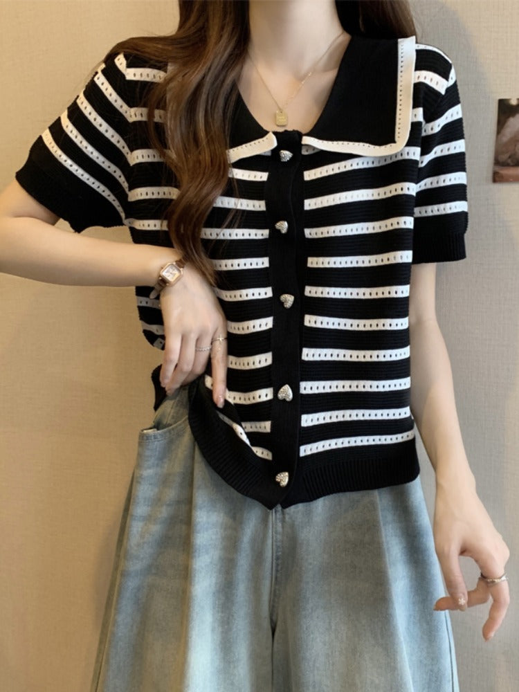 Plus Size Heart Buttons Knit Stripe Polo Shirt Blouse