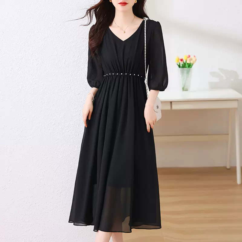 Plus Size Korean Chiffon Black Dress