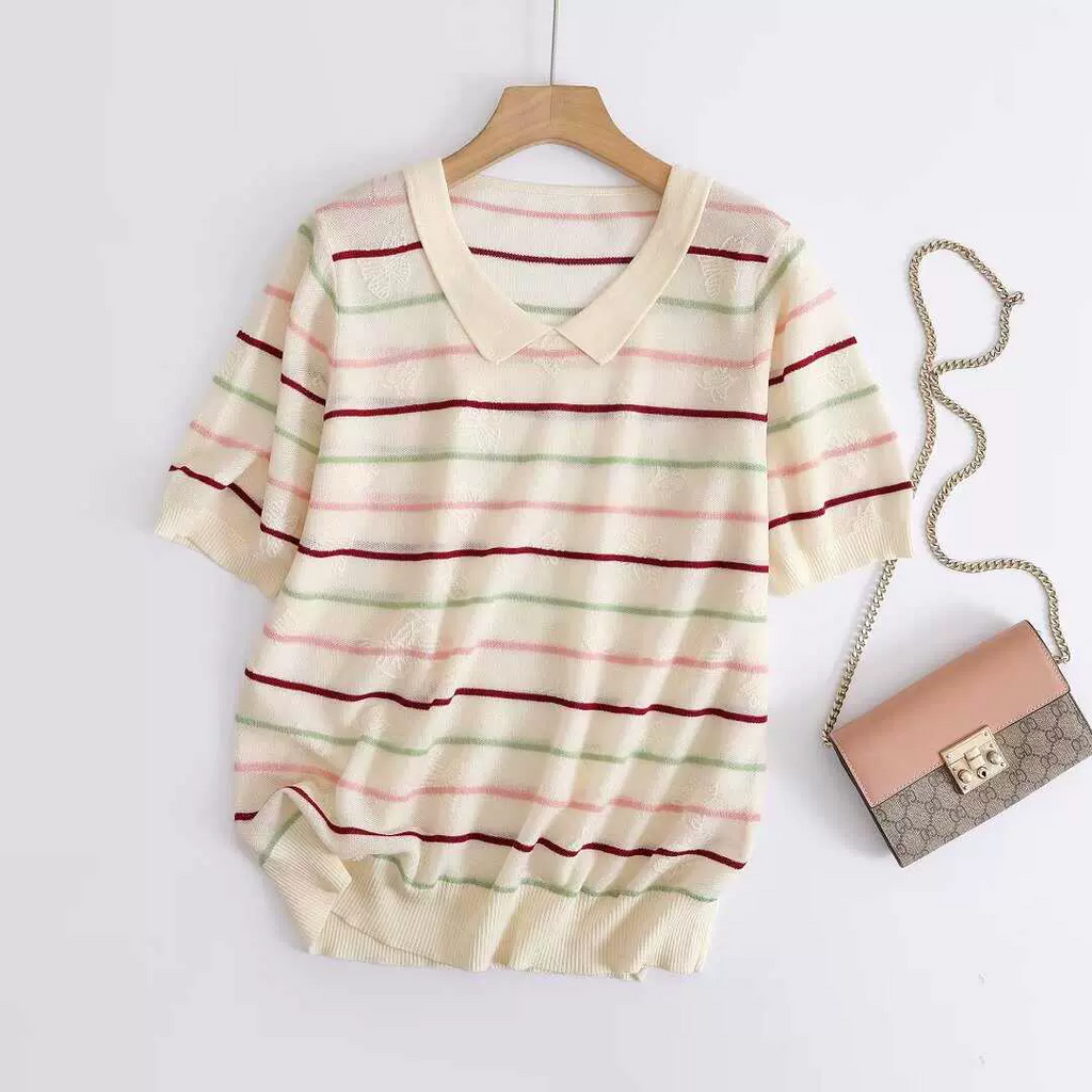 Plus Size Korean Pastel Stripe Polo T Shirt Blouse