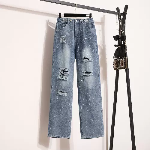 Plus Size Korean Ripped Denim Wide Leg Jeans