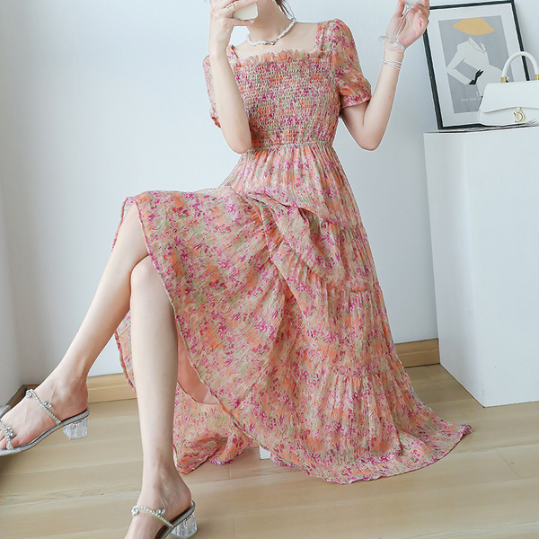 Plus Size Korean Scrunched Floral Tier Midi Dress