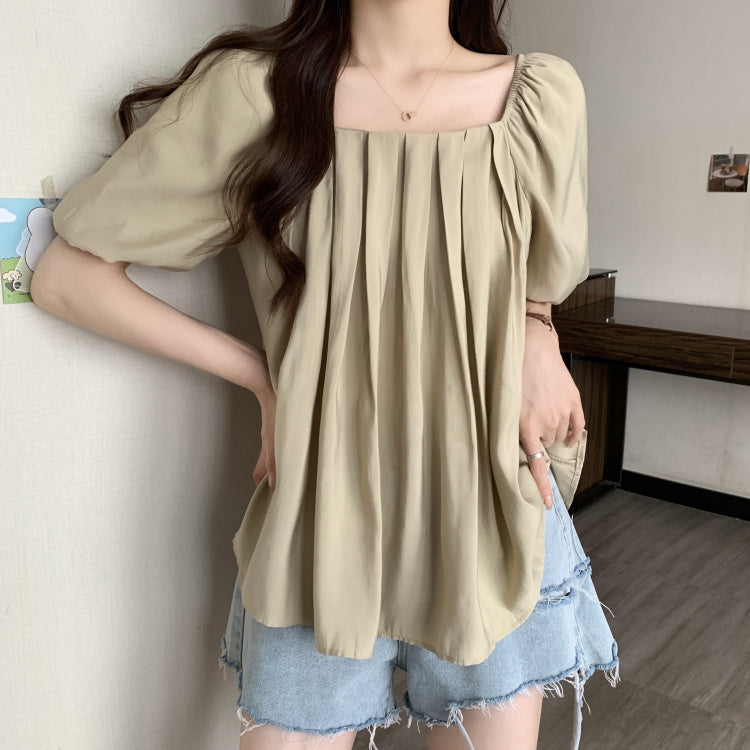 Plus Size Korean Pleats Square Neck Blouse