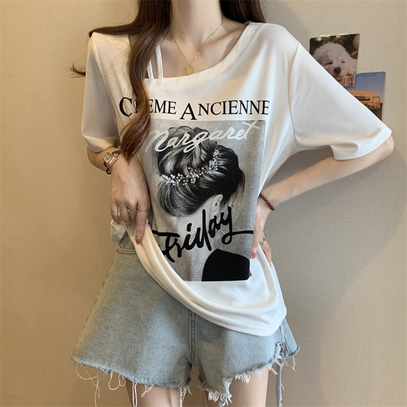 (Special Price!) Plus Size Korean Cold Shoulder Graphic T Shirt