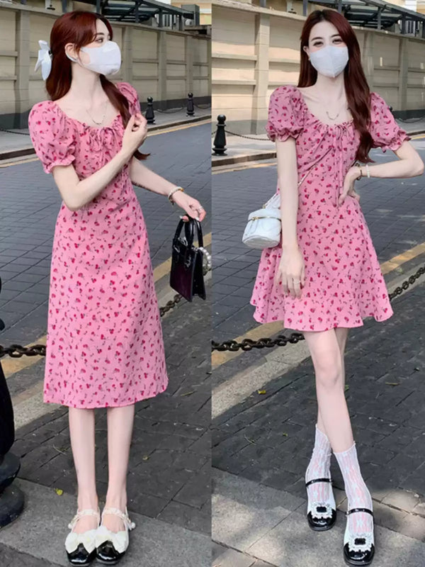 Plus Size Pink Ditsy Floral Korean Short Sleeve Dress