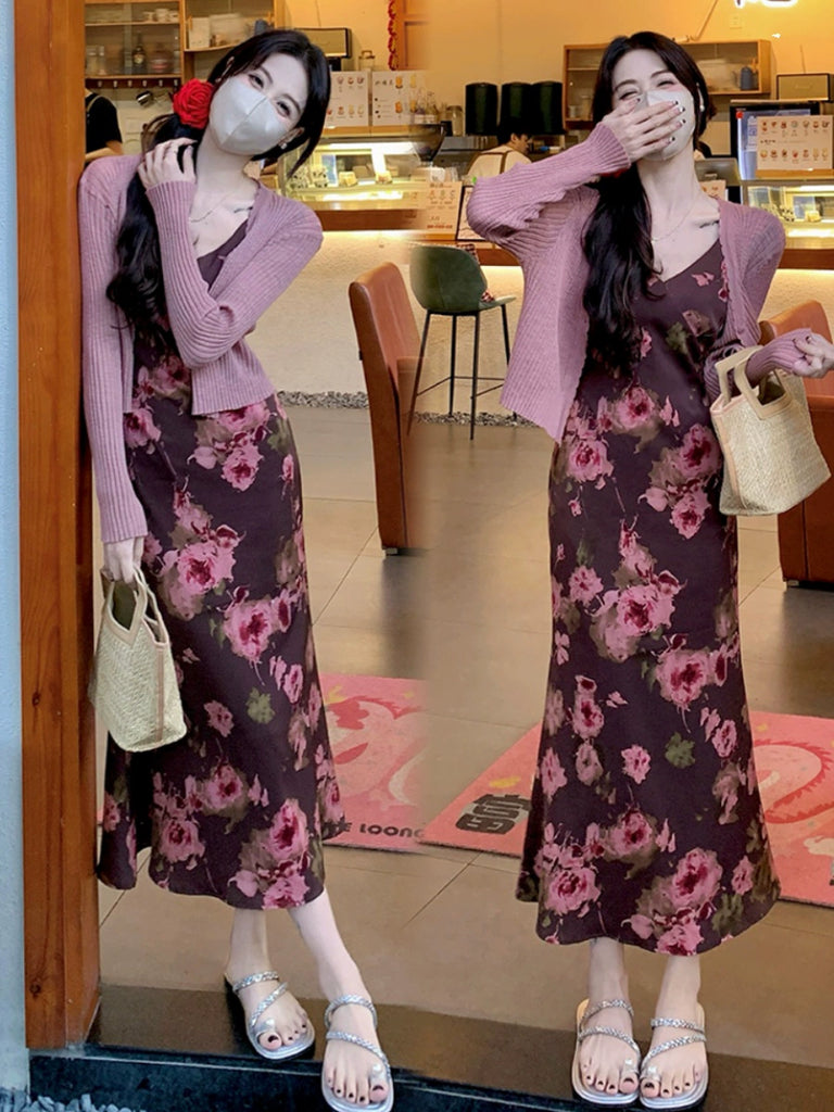 Plus Size Pink Long Sleeve Cardigan and Elegant Korean Floral Sleeveless Dress