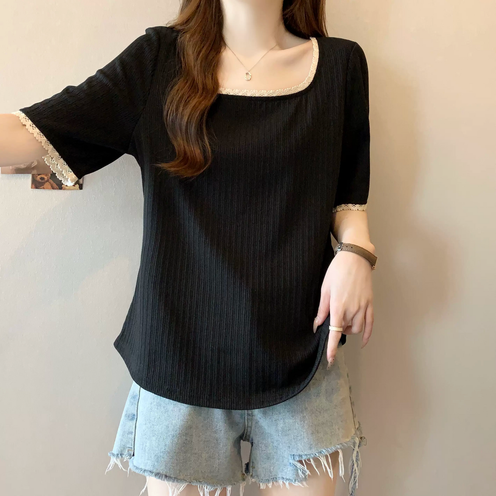 Plus Size Lace Trimming Black Square Neck Short Sleeve Top