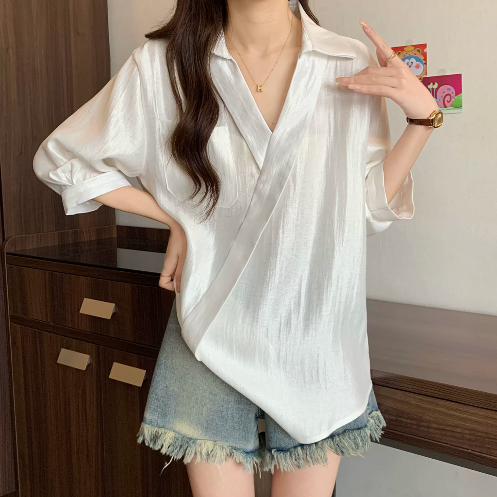 Plus Size Loose Korean Wrap Shirt