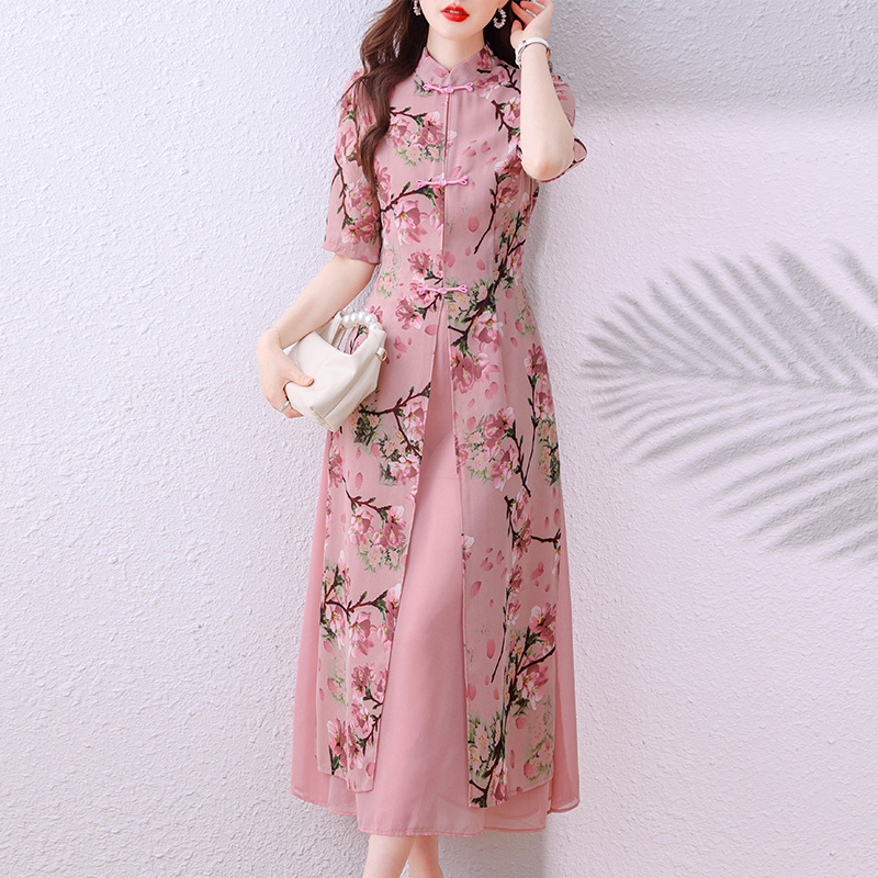 Plus Size Modern Pink Floral Qipao Dress