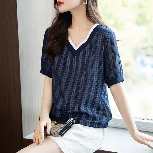 Plus Size Navy Blue V Neck Short Sleeve Blouse