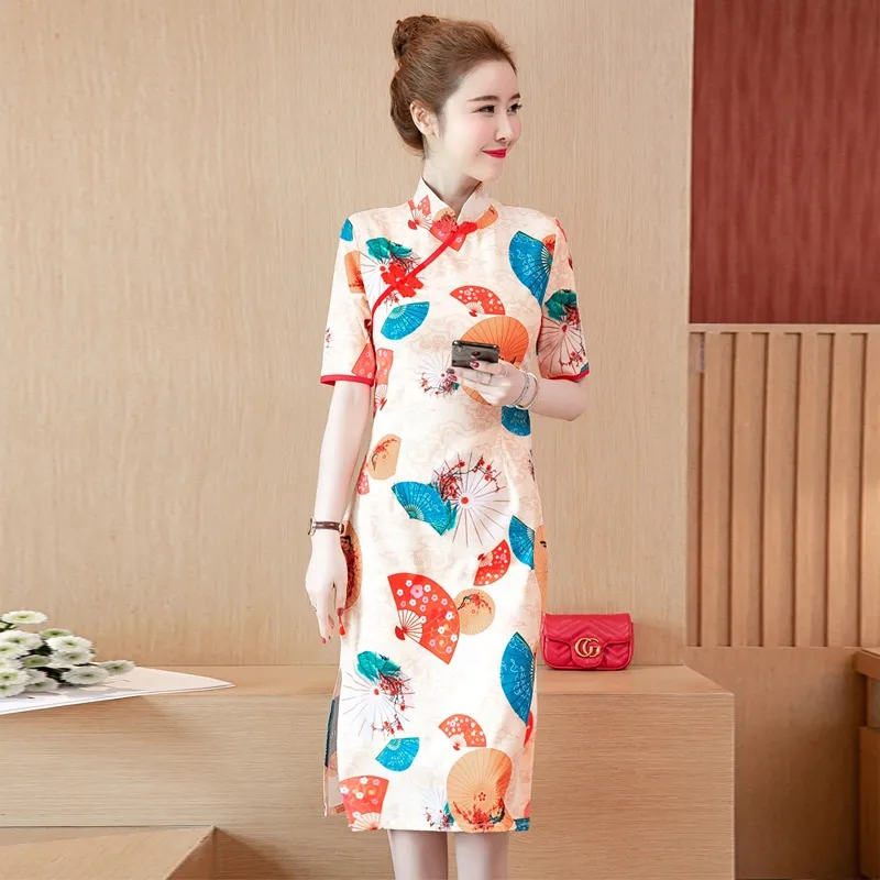 Plus Size Orange Oriental Print Qipao Cheongsam (EXTRA BIG SIZE)