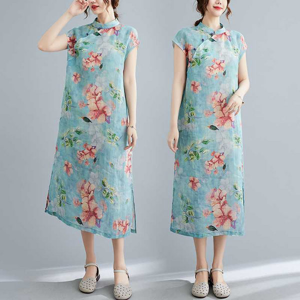 Plus Size Pastel Blue Floral Casual Qipao Dress