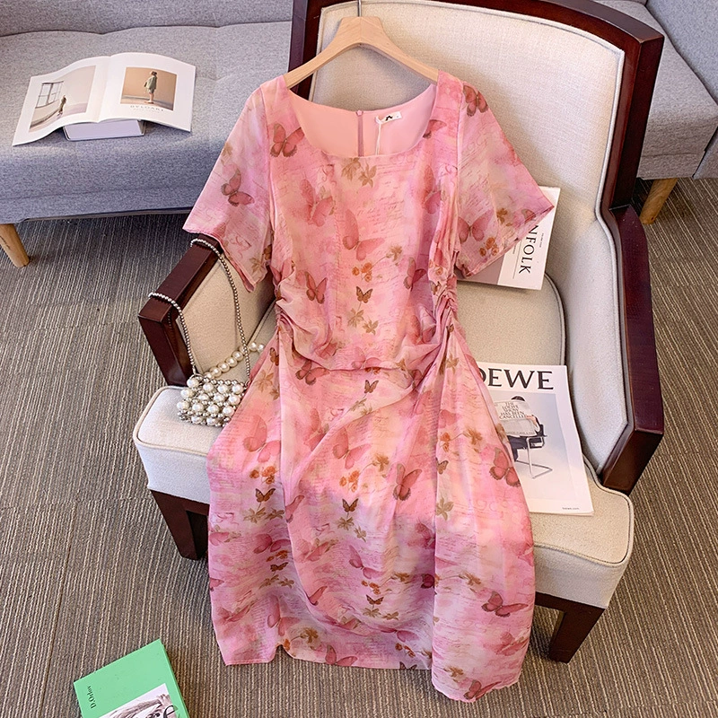 Plus Size Pink Butterfly Square Neck Dress (EXTRA BIG SIZE)