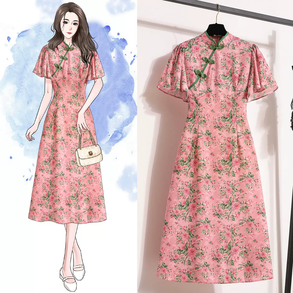 Plus Size Pink Green Floral Vintage Qipao Dress