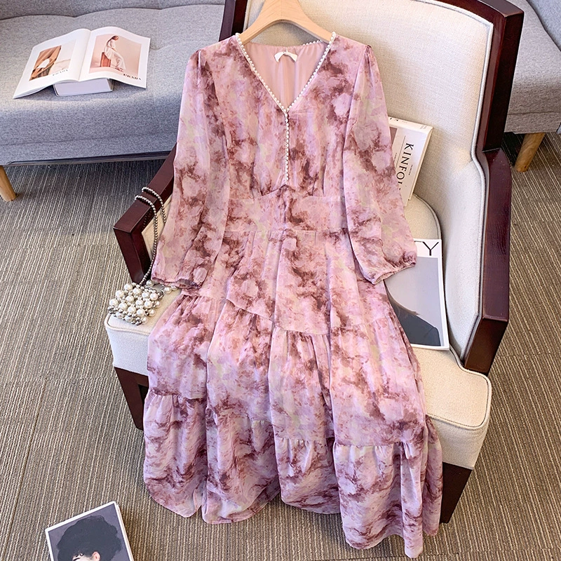 Plus Size Pink Ombre Chiffon Long Sleeve Midi Dress (EXTRA BIG SIZE)