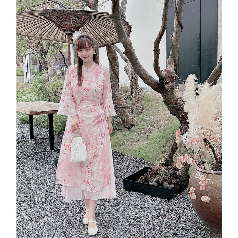 Plus Size Pink Watercolour Long Sleeve Cheongsam