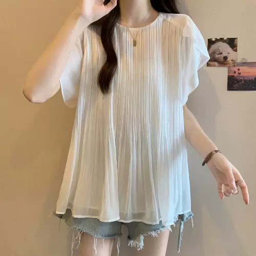 Plus Size Pleat Chiffon Cape Sleeve Blouse