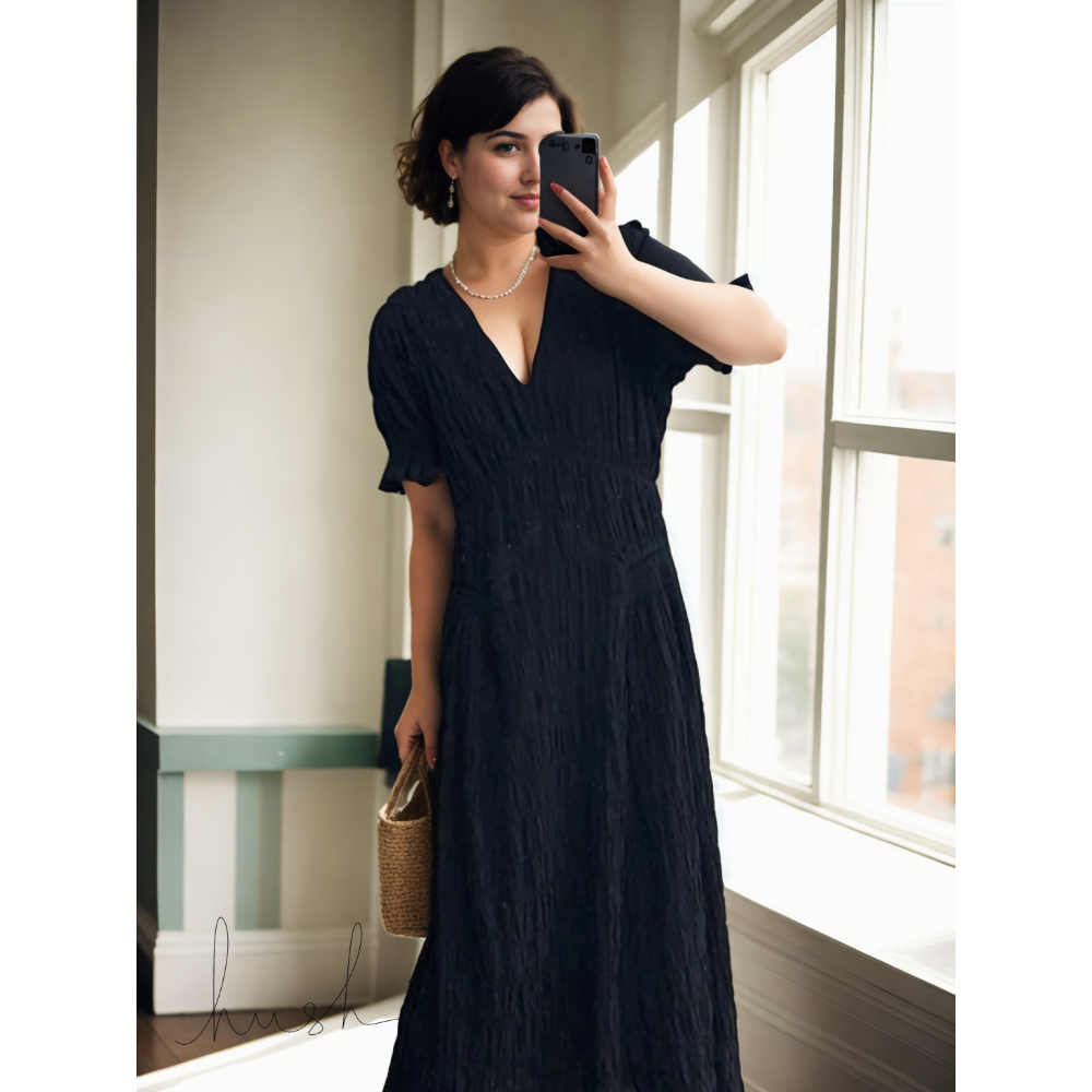 Plus Size Korean V Neck Crinkle Midi Dress