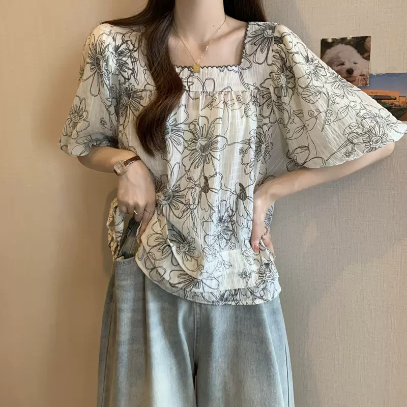 Plus Size Square Neck Floral Sketch Korean Blouse