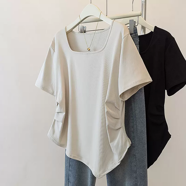 Plus Size Square Neck Gathered Size Irregular Hem Tee