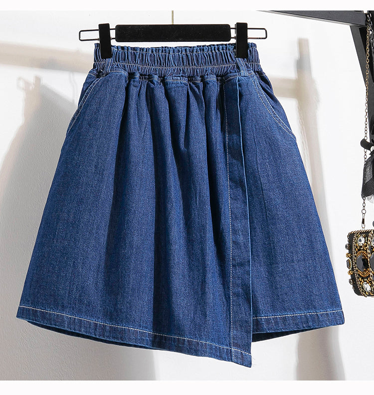 Plus Size Stretchy Waistband Asymmetric Denim Skorts