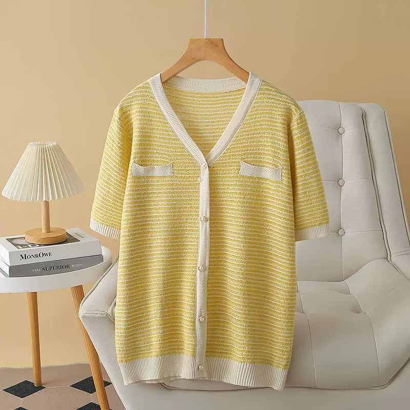 Plus Size Yellow Chanelesque Cooling Buttons Knit Top