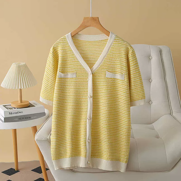 Plus Size Yellow Chanelesque Cooling Buttons Knit Top