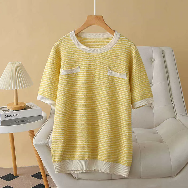 Plus Size Yellow Chanelesque Cooling Round Neck Knit Top