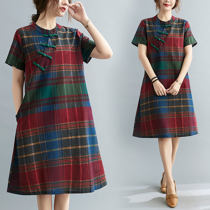 READY STOCK XL - Plus Size Checks Casual Modern Cheongsam Dress