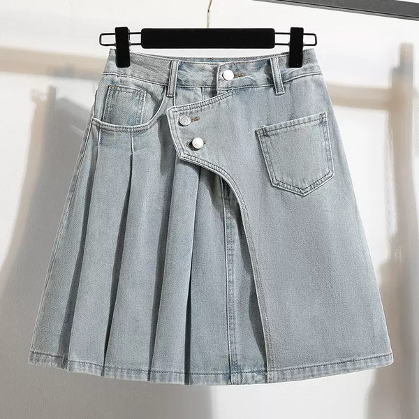 (S-5XL) Plus Size Korean Denim Pleat Mini Skirt