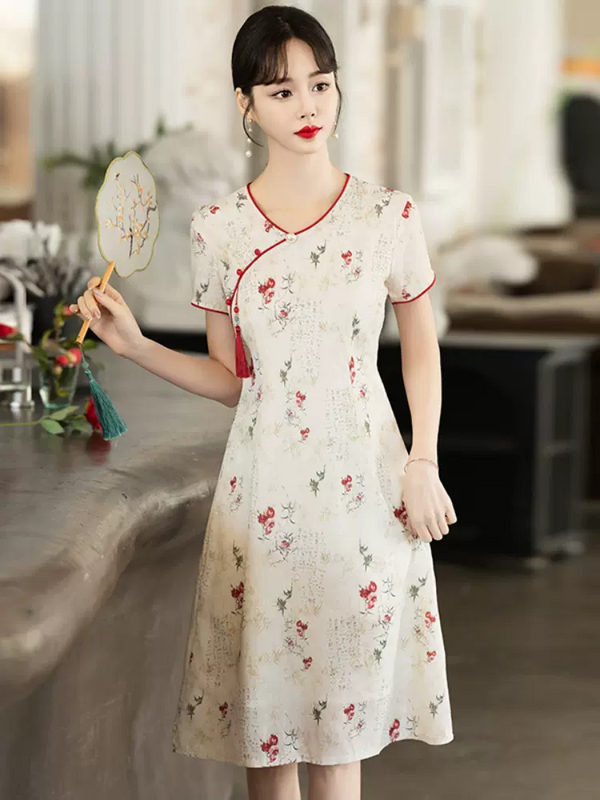 (S-5Xl) Plus Size White Floral Qipao Dress