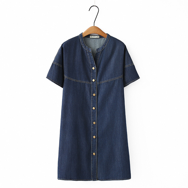 (XL-4XL) Plus Size Denim Buttons Notch Neck Shift Dress