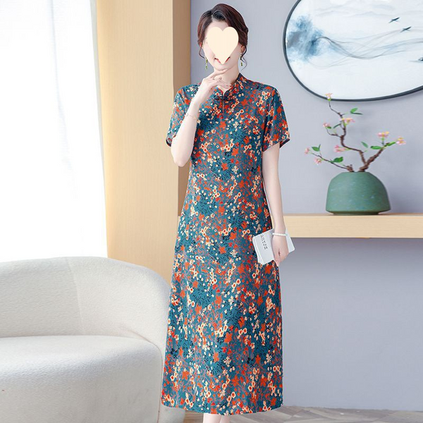 (XL-5XL) Plus Size Printed Short Sleeve Qipao Dress