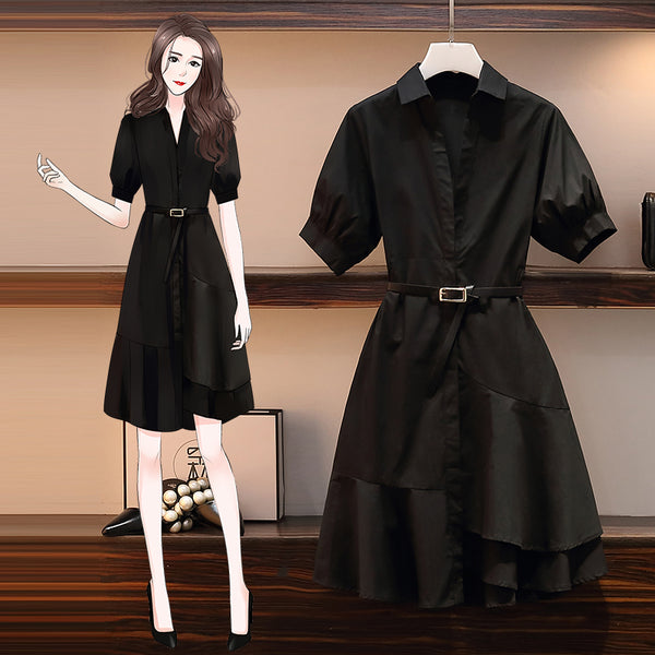 Plus Size Black V Neck Short Sleeve Shirt Dress