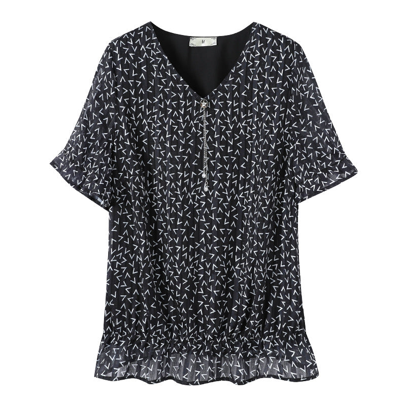 Plus Size Chain Print Chiffon Short Sleeve Blouse