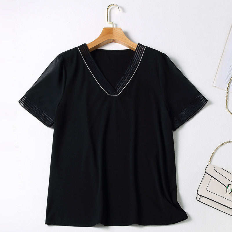 Plus Size Black V Neck Short Sleeve Blouse