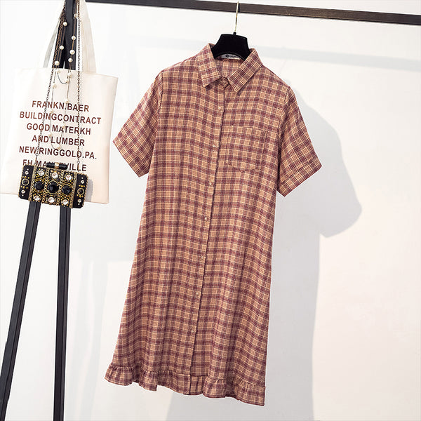 Plus Size Pink Checked Short Sleeve Shirt Dress