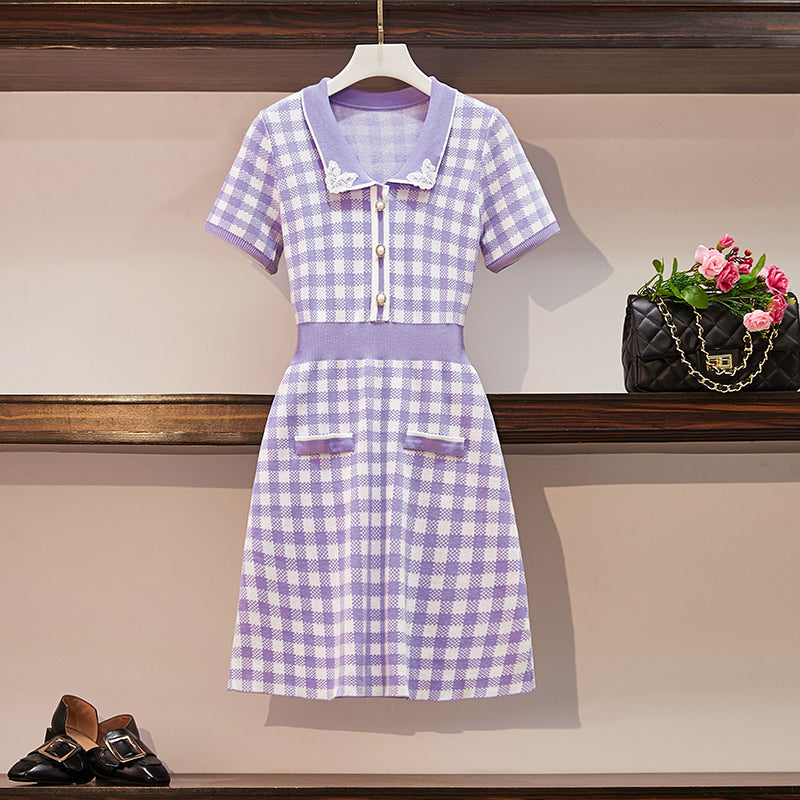 Plus Size Purple Checked Gingham Short Sleeve Shirt Dress