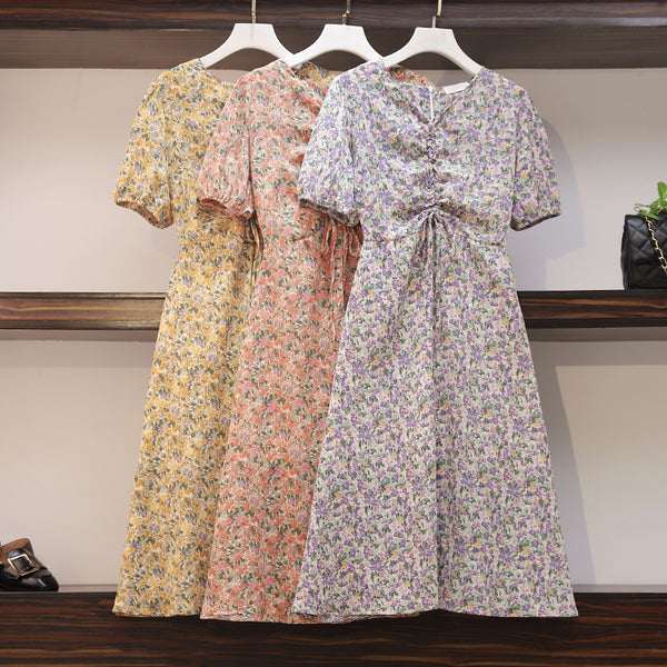 Plus Size Floral Gathered V Neck Short Sleeve Dress