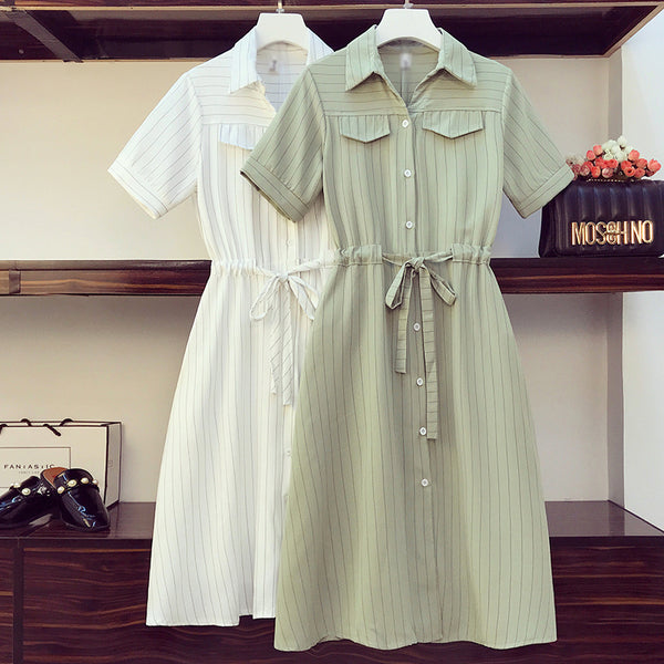 Plus Size Stripe Short Sleeve Midi Shirt Dress