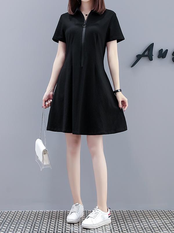 (Ready Stock 2XL * 1) Viridis Plus Size Zipper Swing Black Short Sleeve Polo T Shirt Dress