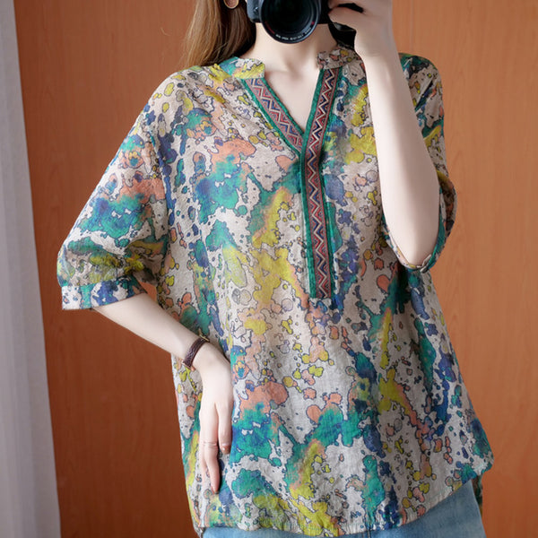 Plus Size Ethnic V Neck Mid Sleeve Blouse