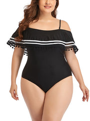 Plus Size Black Tassel Off Shoulder One Piece Swimsuit Pluspreorder