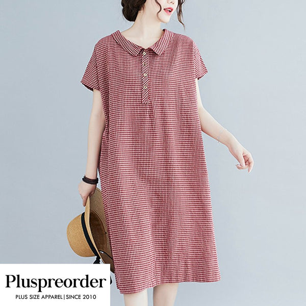 Plus Size Gingham Checks Short Sleeve Shirt Dress