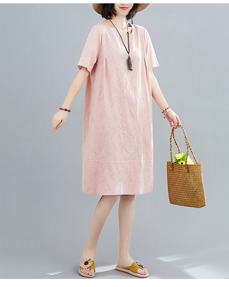 Plus Size Cotton Linen Shift Loose Short Sleeve Dress (Blue, Pink