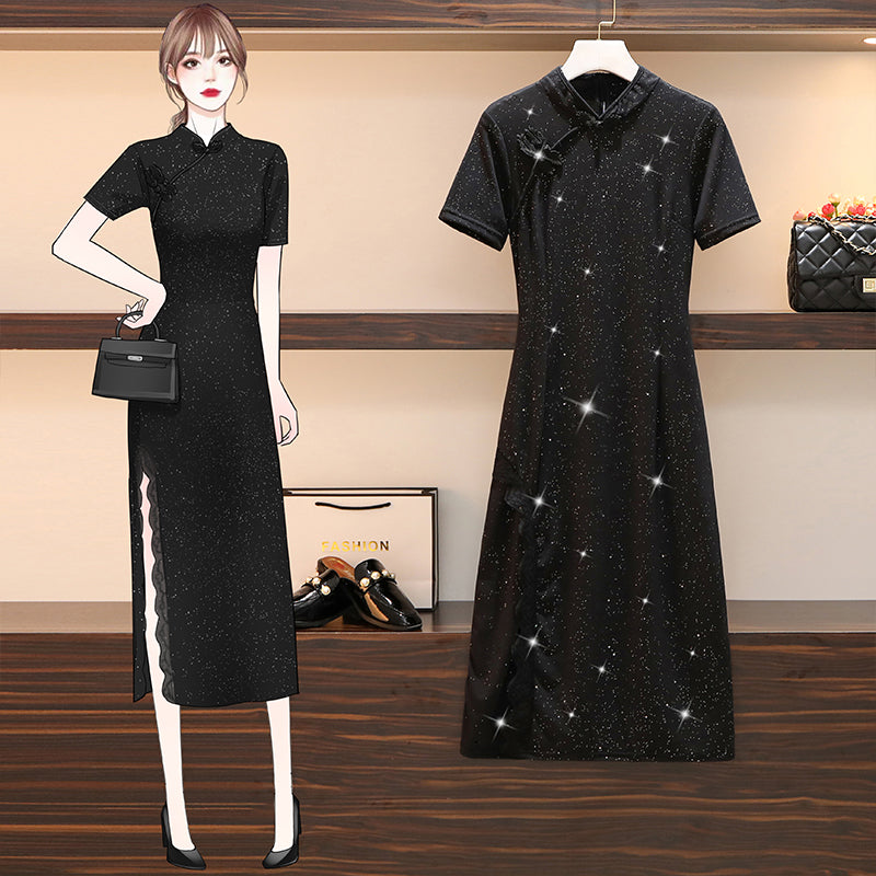 Plus Size Shimmer Black Cheongsam Dress