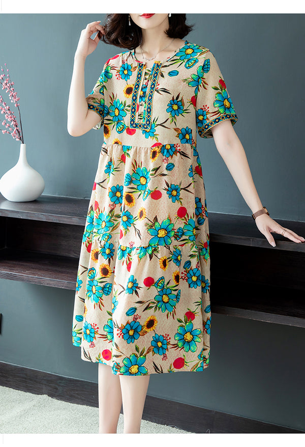 Plus Size Ethnic Babydoll Floral Short Sleeve Midi Dress