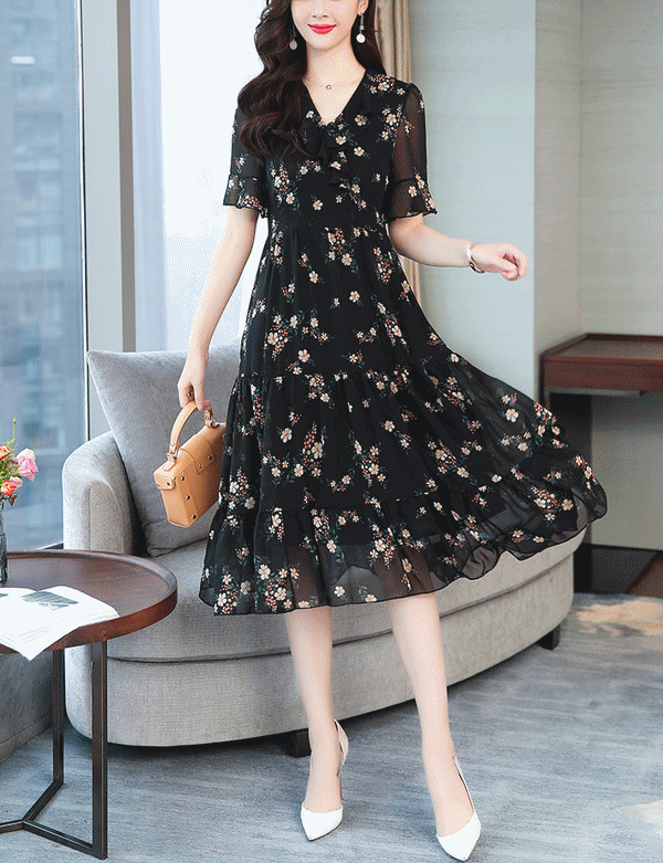 Plus Size Frill V Neck Tier Floral Chiffon Short Sleeve Midi Dress / Long Sleeve Midi Dress