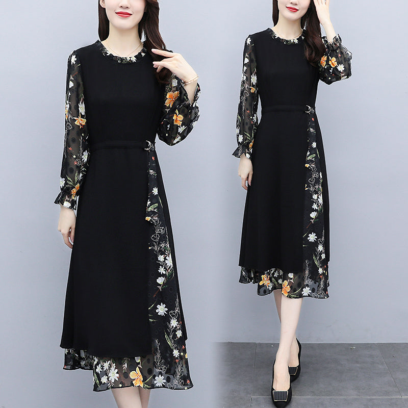 Plus Size Floral Long Sleeve Midi Dress